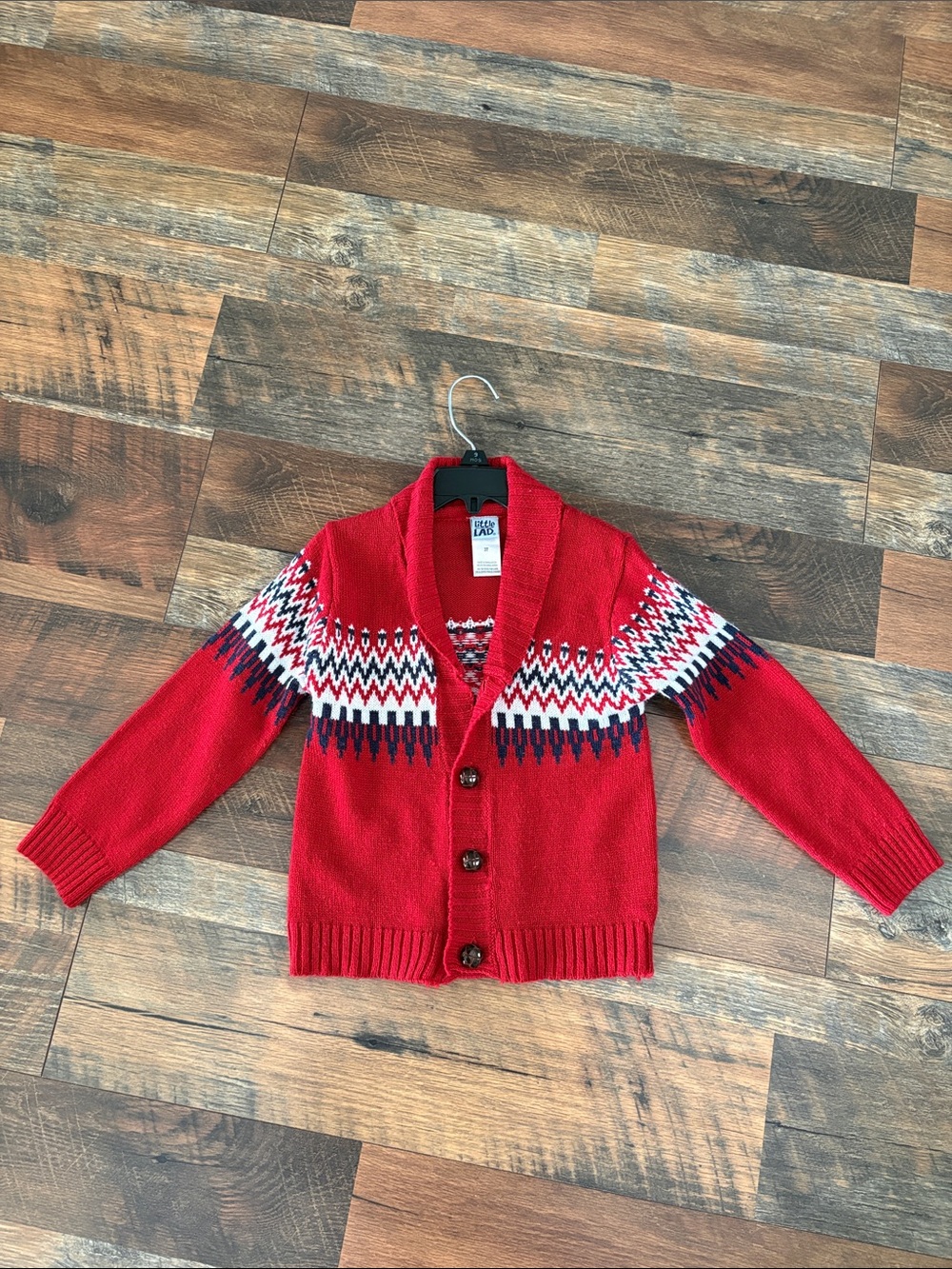Little Lad Boys Red Shawl-Collar Fair Isle Cardigan
